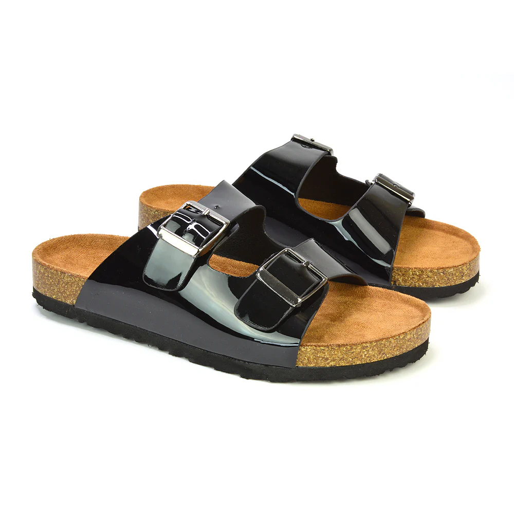 Star Double Buckle Strap Flat Slider Casual Footbed Summer Mule Holiday Sandals in Black Patent - Image 189
