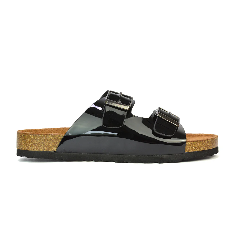 Star Double Buckle Strap Flat Slider Casual Footbed Summer Mule Holiday Sandals in Black Patent - Image 3