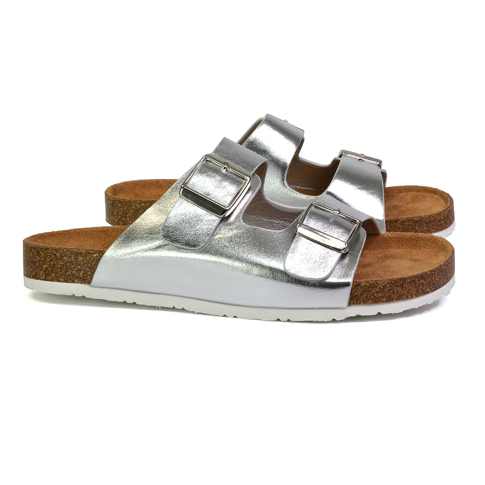 Star Double Buckle Strap Flat Slider Casual Footbed Summer Mule Holiday Sandals in Black Patent - Image 96