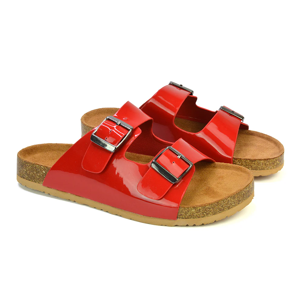 Star Double Buckle Strap Flat Slider Casual Footbed Summer Mule Sandals in Red Patent - Image 34