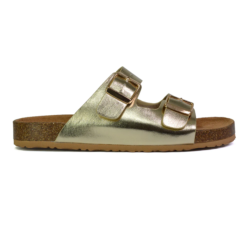Star Double Buckle Strap Flat Slider Casual Footbed Summer Mule Sandals in Tan - Image 128