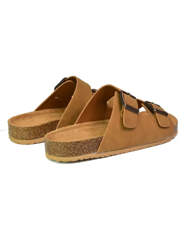 Star Double Buckle Strap Flat Slider Casual Footbed Summer Mule Sandals in Tan - Image 2