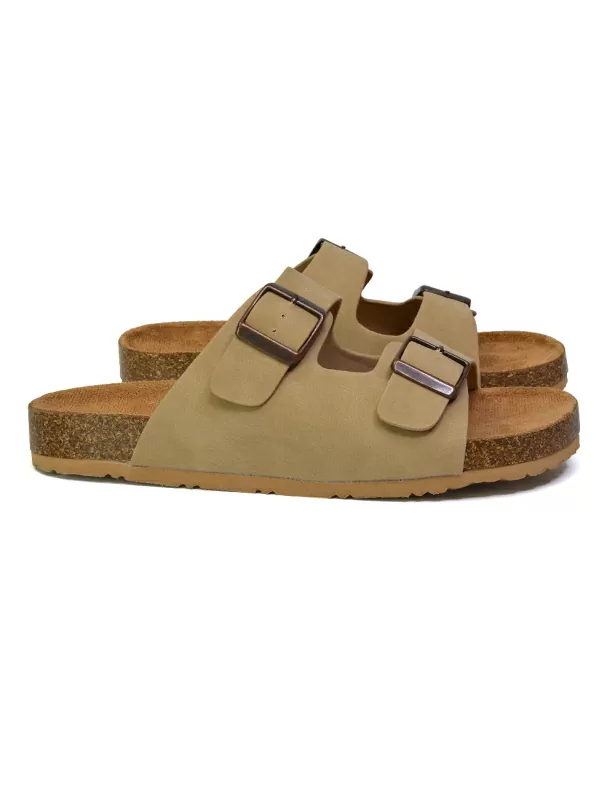 Star Casual Double Buckle Strap Flat Footbed Summer Slider Sandals in Taupe - Image 2