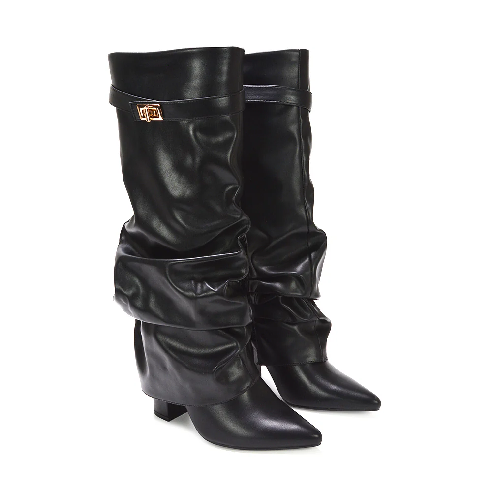 Stassie Block Heeled Fold Over Knee High Ruched Boots in Black Synthetic Leather - Image 5