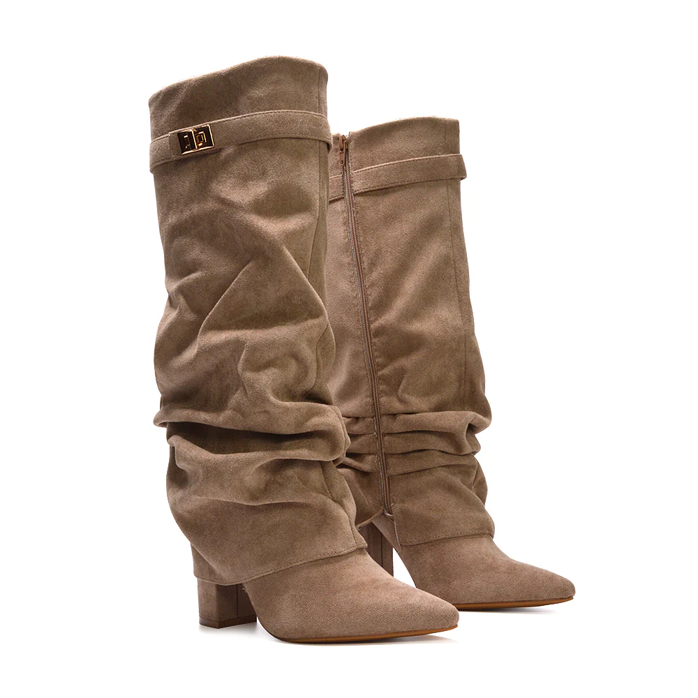 Stassie Block Heeled Fold Over Knee High Ruched Boots in Black Synthetic Leather - Image 8