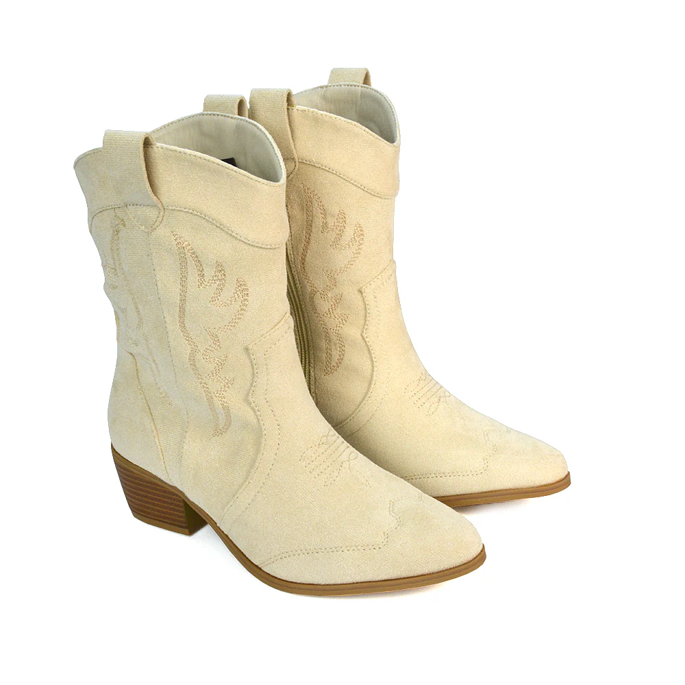 Stassie Cowboy Ankle Western Concert Mid Block Heel Festival Boots In Beige - Image 3