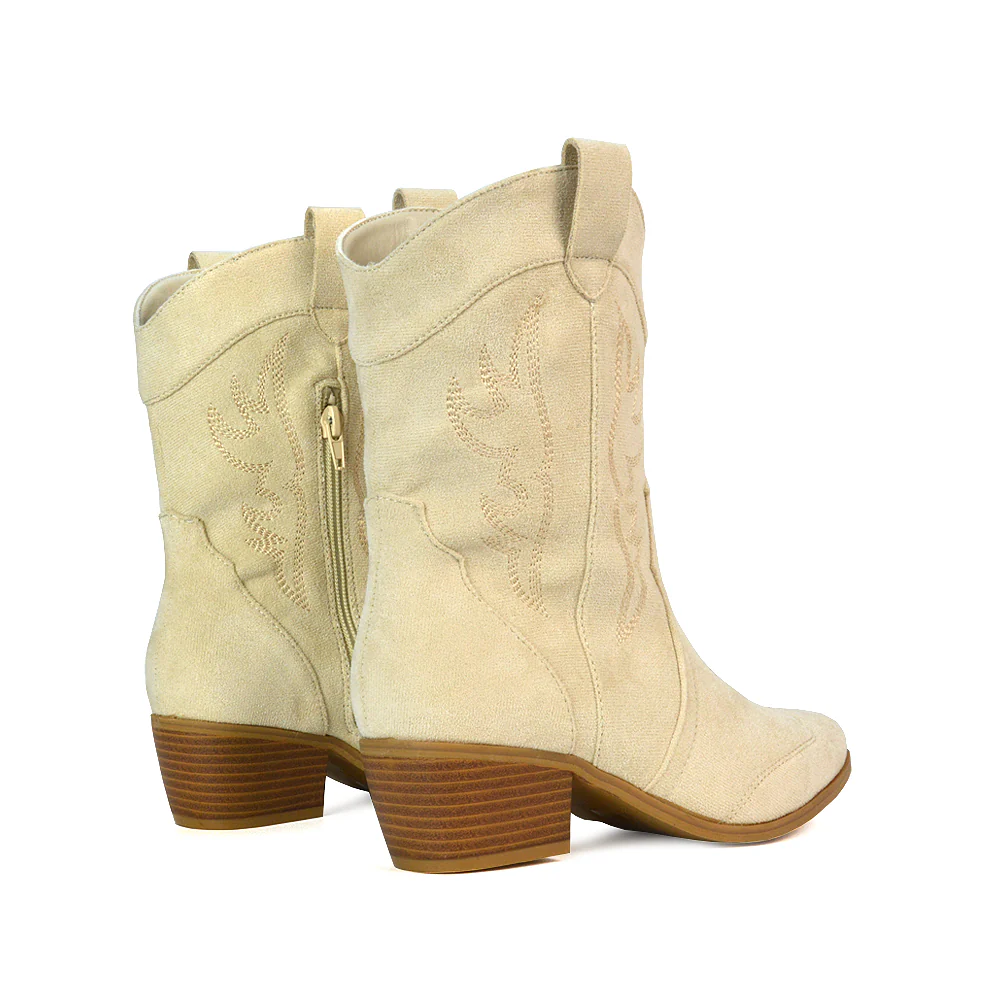 Stassie Cowboy Ankle Western Concert Mid Block Heel Festival Boots In Beige - Image 4