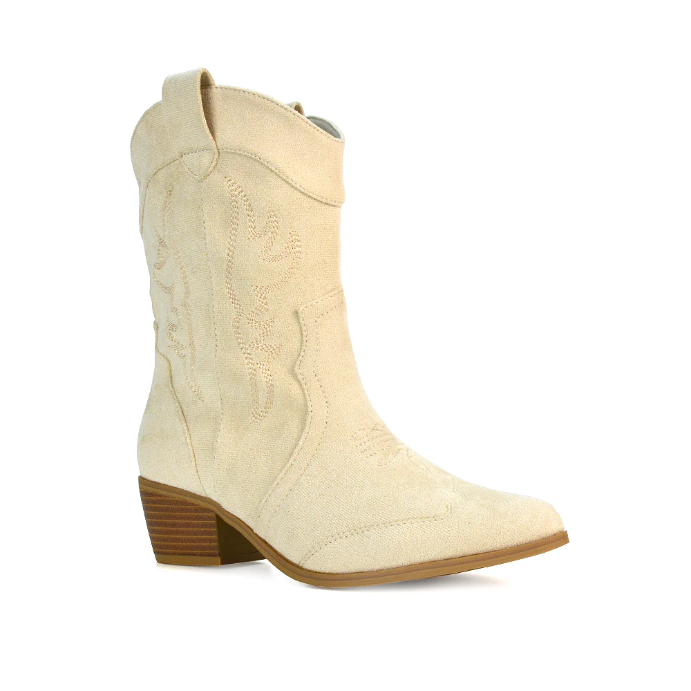 Stassie Cowboy Ankle Western Concert Mid Block Heel Festival Boots In Beige - Image 5