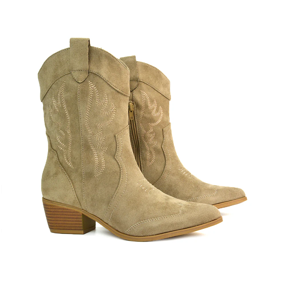 Stassie Cowboy Ankle Western Concert Mid Block Heel Festival Boots In Beige - Image 7