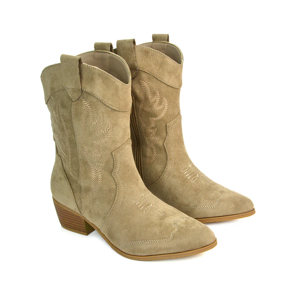 Stassie Cowboy Ankle Western Concert Mid Block Heel Festival Boots In Beige - Image 9