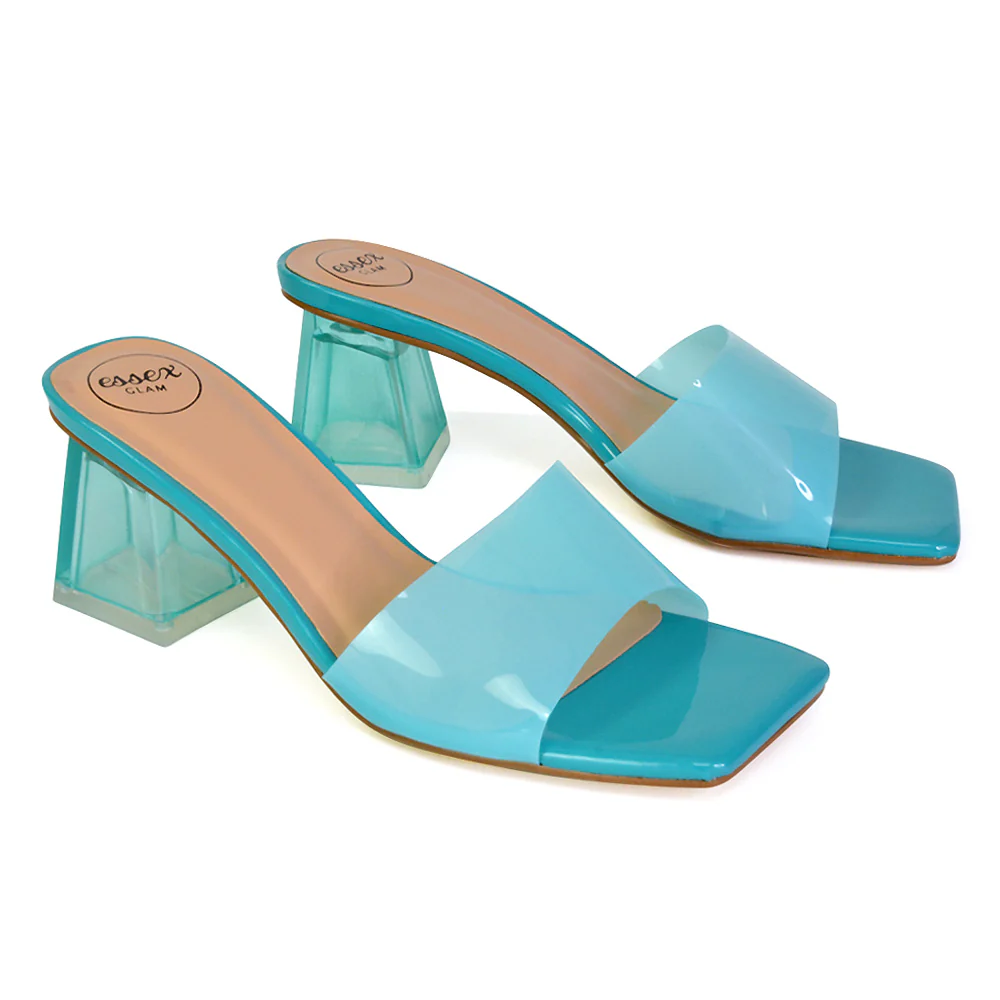 Strawberry Perspex Strappy Square Toe Clear Block Heel Mules in Black - Image 6