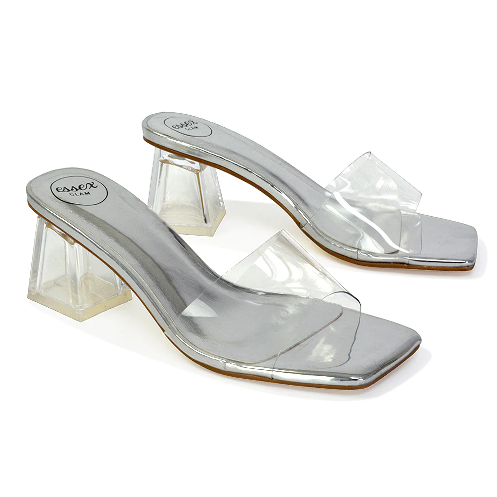 Strawberry Perspex Strappy Square Toe Clear Block Heel Mules in Black - Image 86