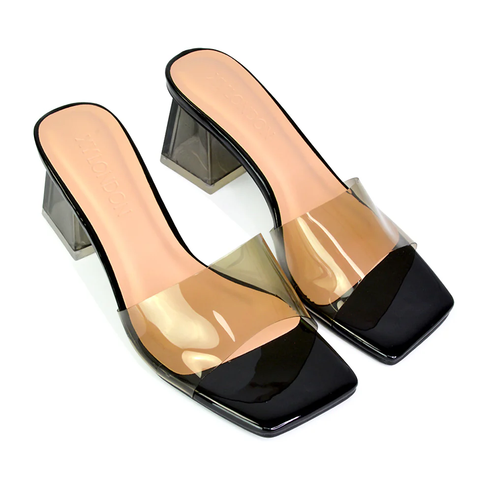 Strawberry Perspex Strappy Square Toe Clear Block Heel Mules in Pink - Image 100