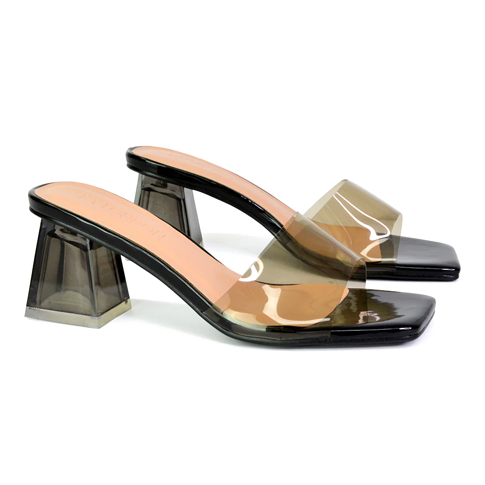 Strawberry Perspex Strappy Square Toe Clear Block Heel Mules in Pink - Image 104