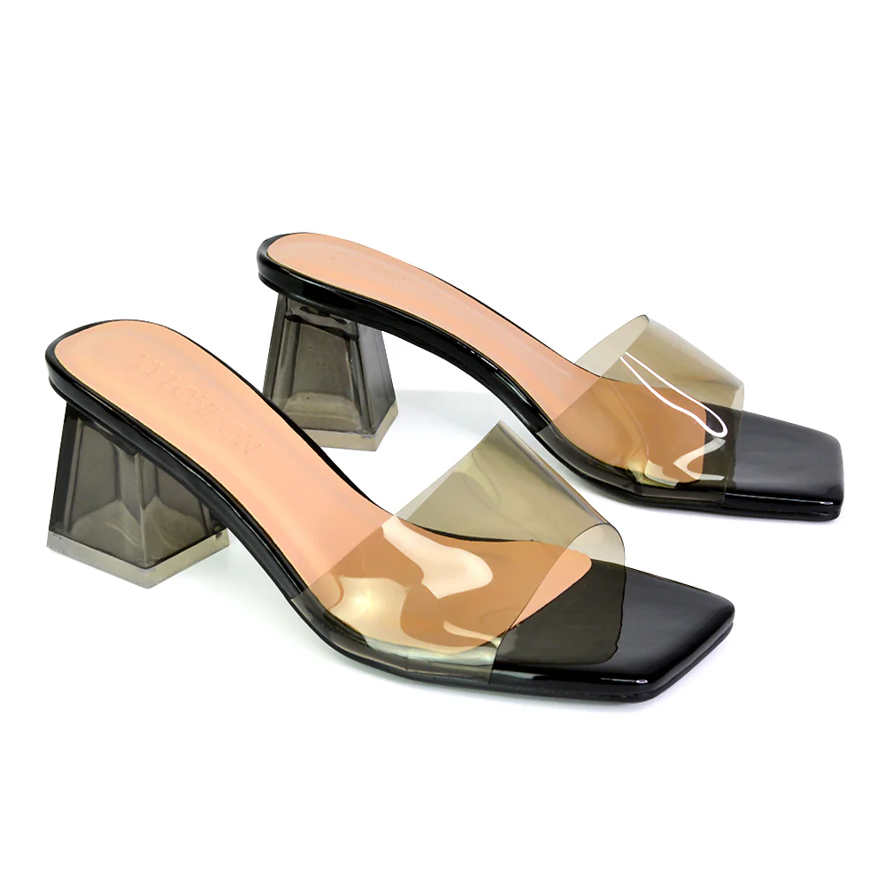Strawberry Perspex Strappy Square Toe Clear Block Heel Mules in Pink - Image 111