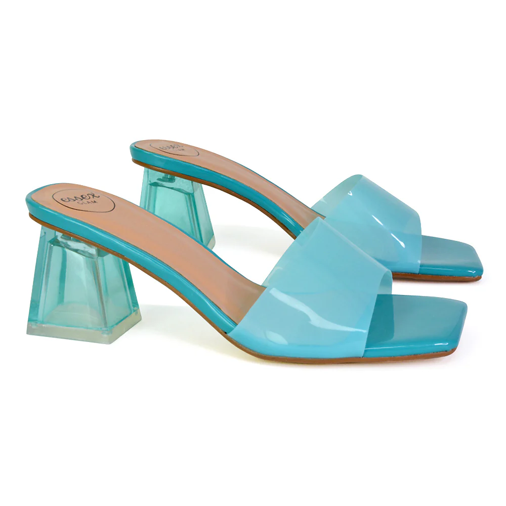 Strawberry Perspex Strappy Square Toe Clear Block Heel Mules in Pink - Image 34