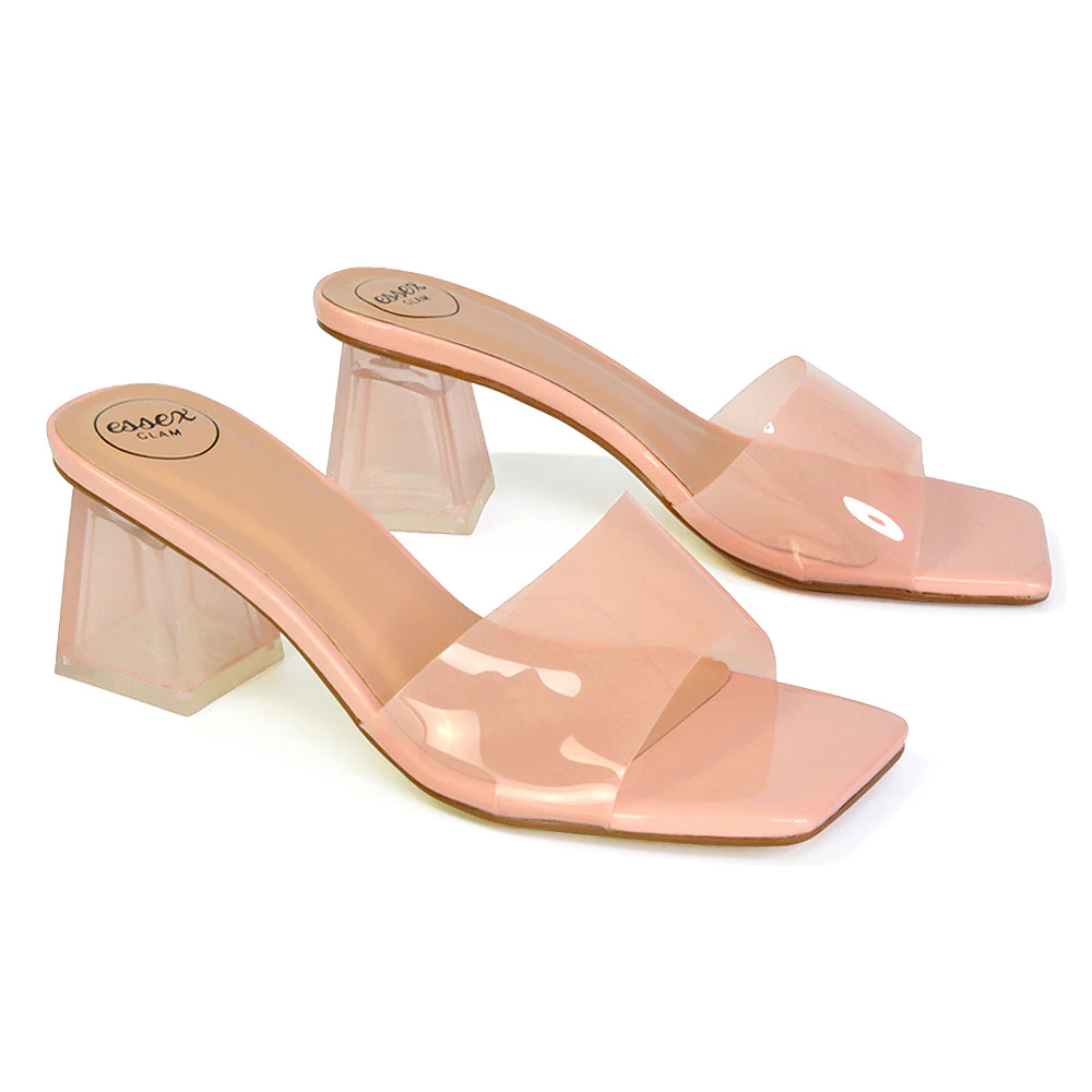 Strawberry Perspex Strappy Square Toe Clear Block Heel Mules in Pink - Image 56