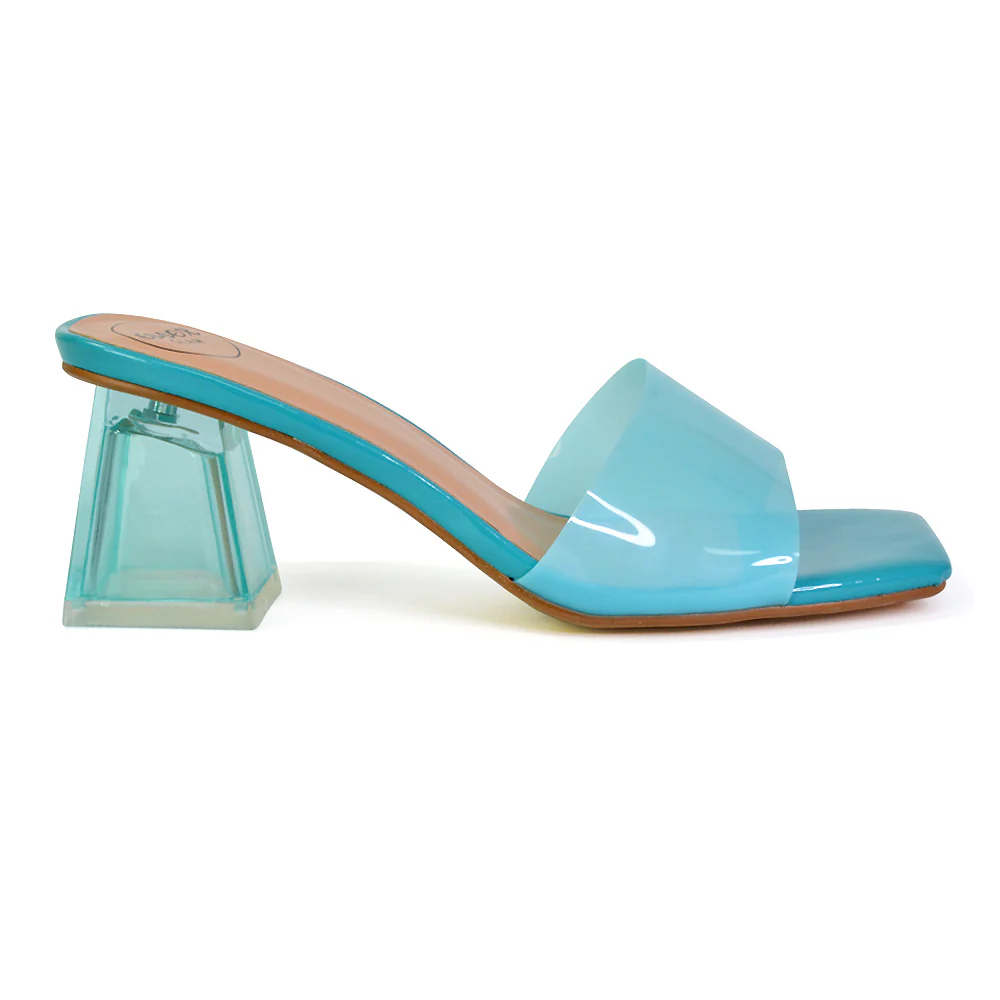 Strawberry Perspex Strappy Square Toe Clear Block Heel Mules in Silver - Image 13