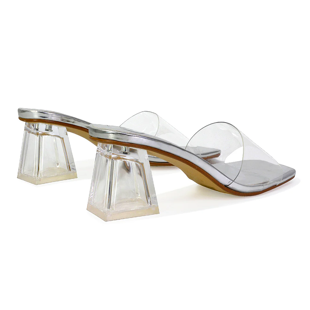 Strawberry Perspex Strappy Square Toe Clear Block Heel Mules in Silver - Image 2