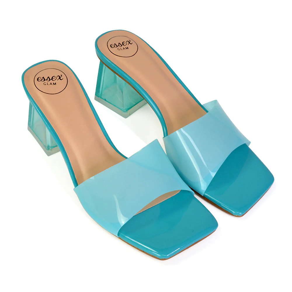 Strawberry Perspex Strappy Square Toe Clear Block Heel Mules in Silver - Image 20