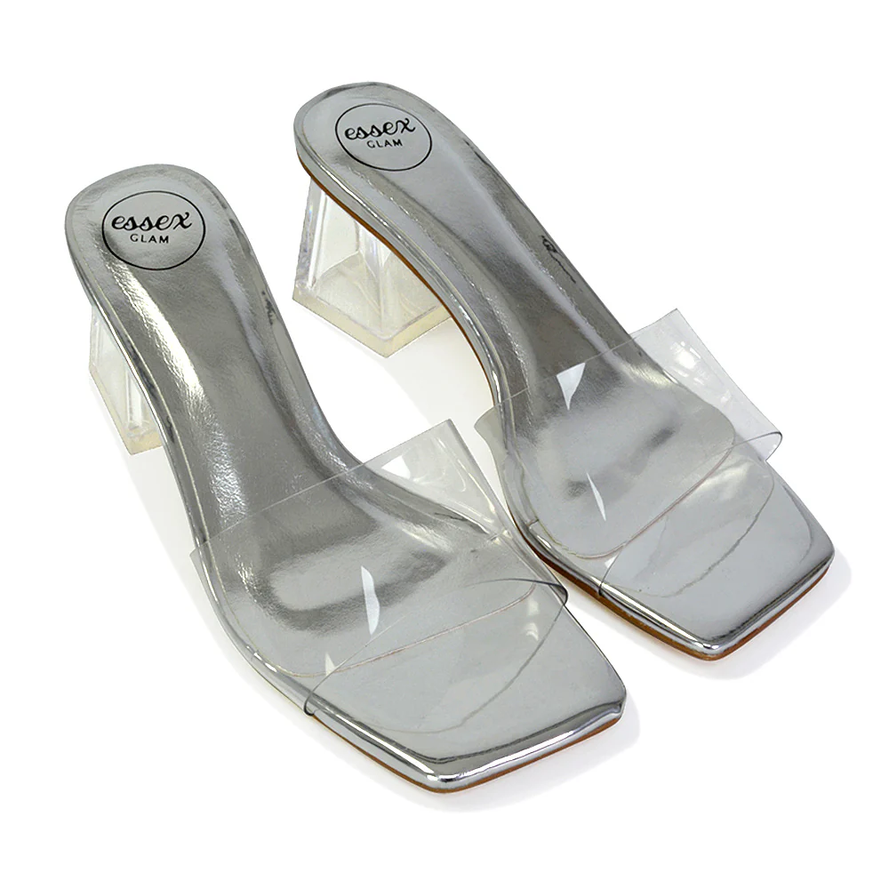 Strawberry Perspex Strappy Square Toe Clear Block Heel Mules in Silver - Image 80