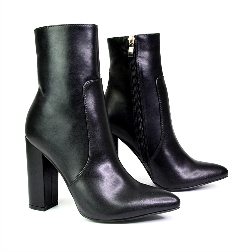 Sugar Block High Heel Zip-Up Heeled Ankle Boots With a Pointed Toe in Brown Croc - Image 29