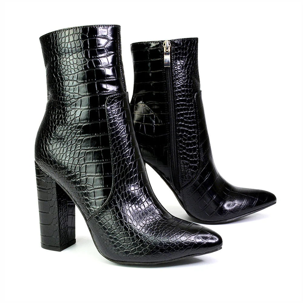 Sugar Block High Heel Zip-Up Heeled Ankle Boots With a Pointed Toe in Silver Metallic - Image 154