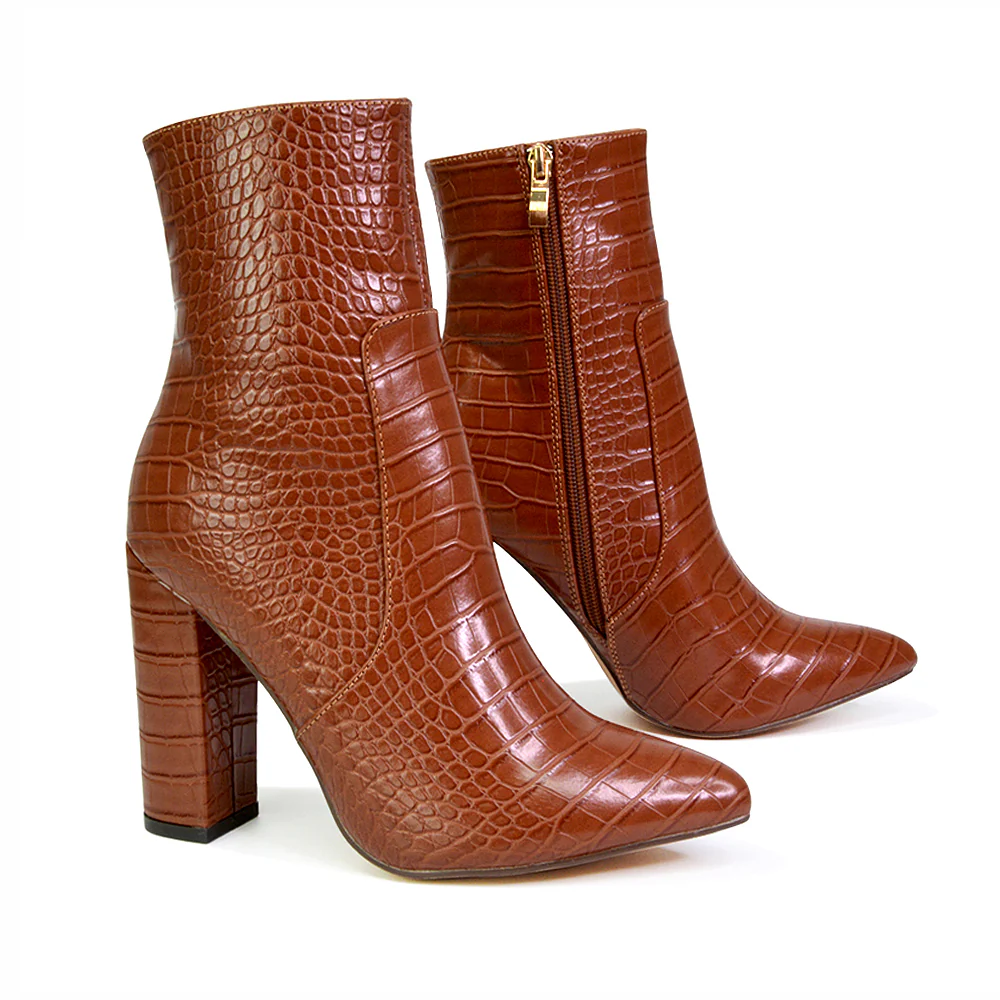Sugar Block High Heel Zip-Up Heeled Ankle Boots With a Pointed Toe in Silver Metallic - Image 79