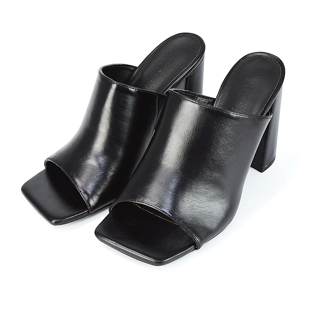 Sunday Square Toe Block High Heel Mule Peep Toe Sandals in Black Synthetic Leather - Image 4