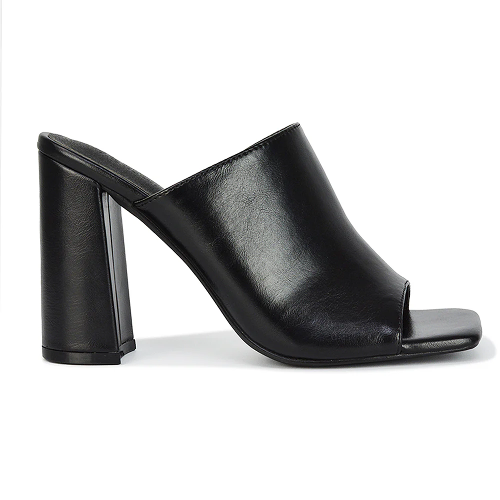 Sunday Square Toe Block High Heel Mule Peep Toe Sandals in Black Synthetic Leather - Image 8