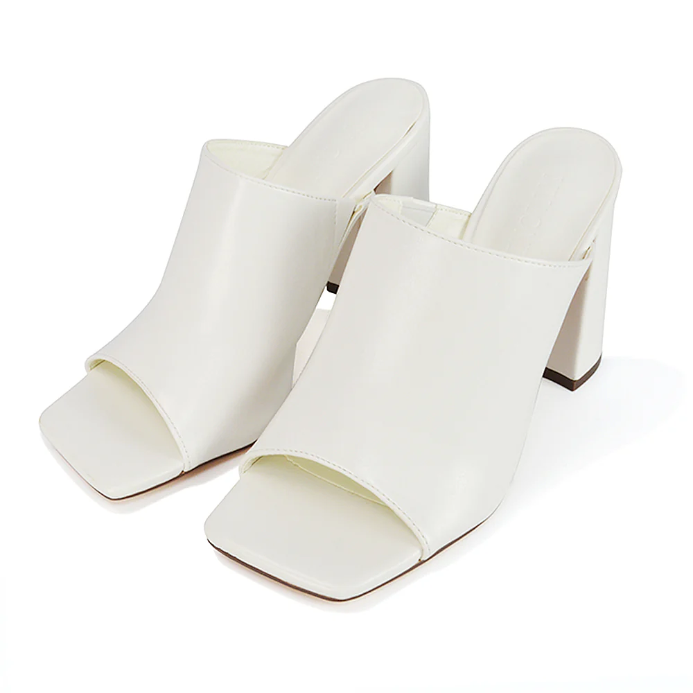 Sunday Square Toe Block High Heel Mule Peep Toe Sandals in Black Synthetic Leather - Image 95