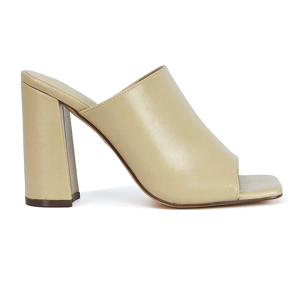 Sunday Womens Square Toe Block High Heel Peep Toe Mule Sandals in Nude Synthetic Leather - Image 103