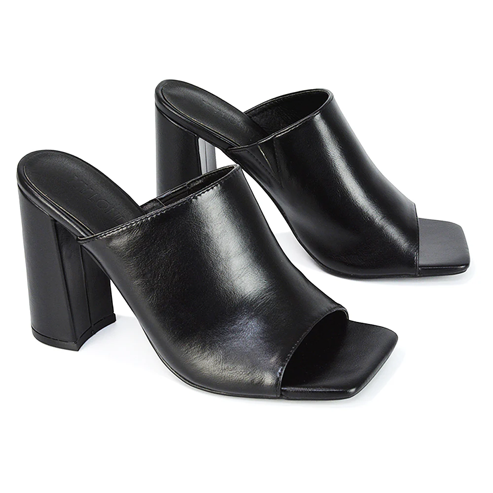 Sunday Womens Square Toe Block High Heel Peep Toe Mule Sandals in Nude Synthetic Leather - Image 6