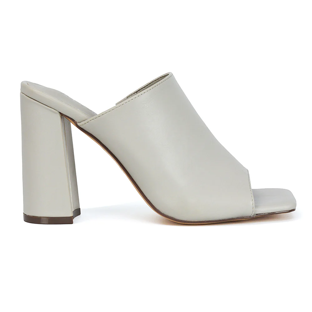 Sunday Womens Square Toe Block High Heel Peep Toe Mule Sandals in Stone Synthetic Leather - Image 3