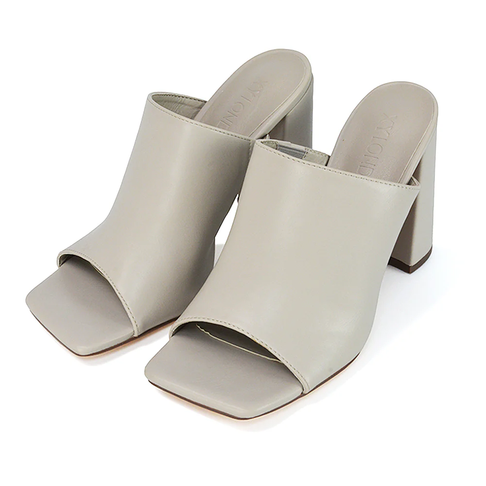 Sunday Womens Square Toe Block High Heel Peep Toe Mule Sandals in Stone Synthetic Leather - Image 65