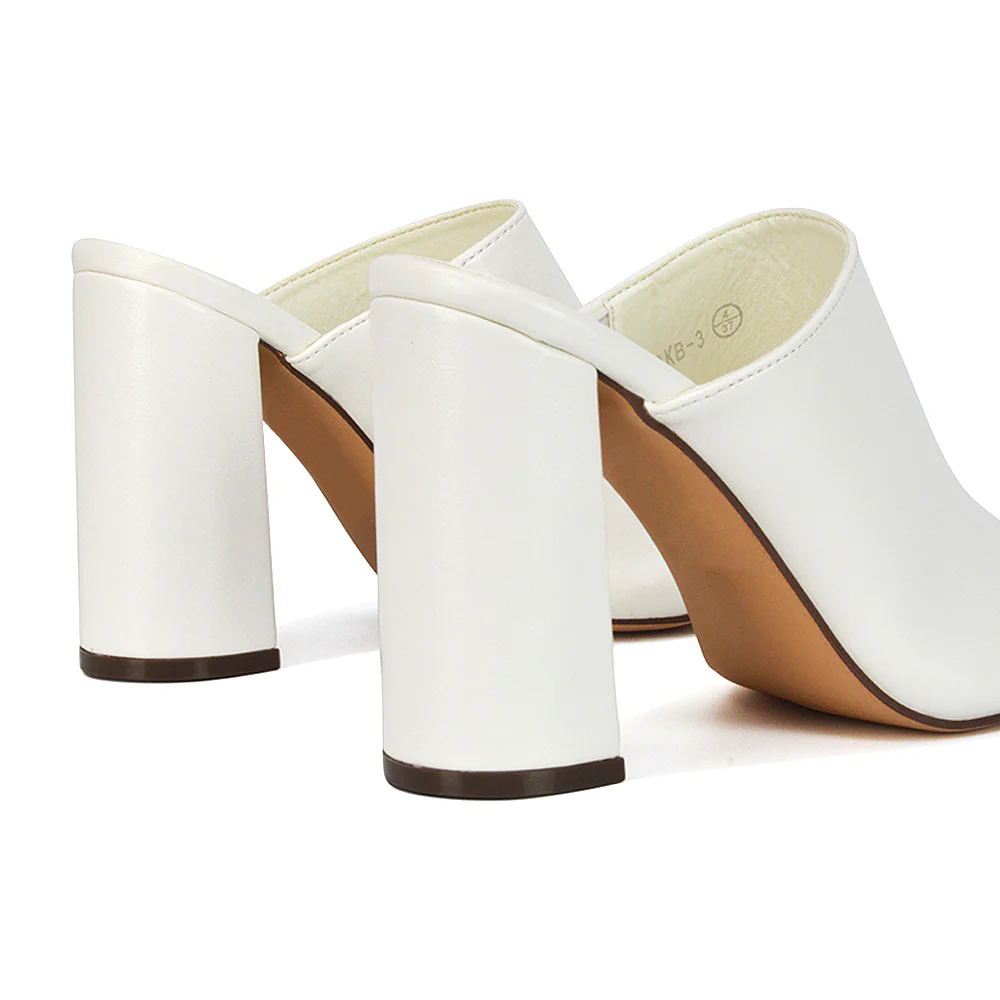 Sunday Square Toe Block High Heel Mule Peep Toe Sandals in White Synthetic Leather - Image 72