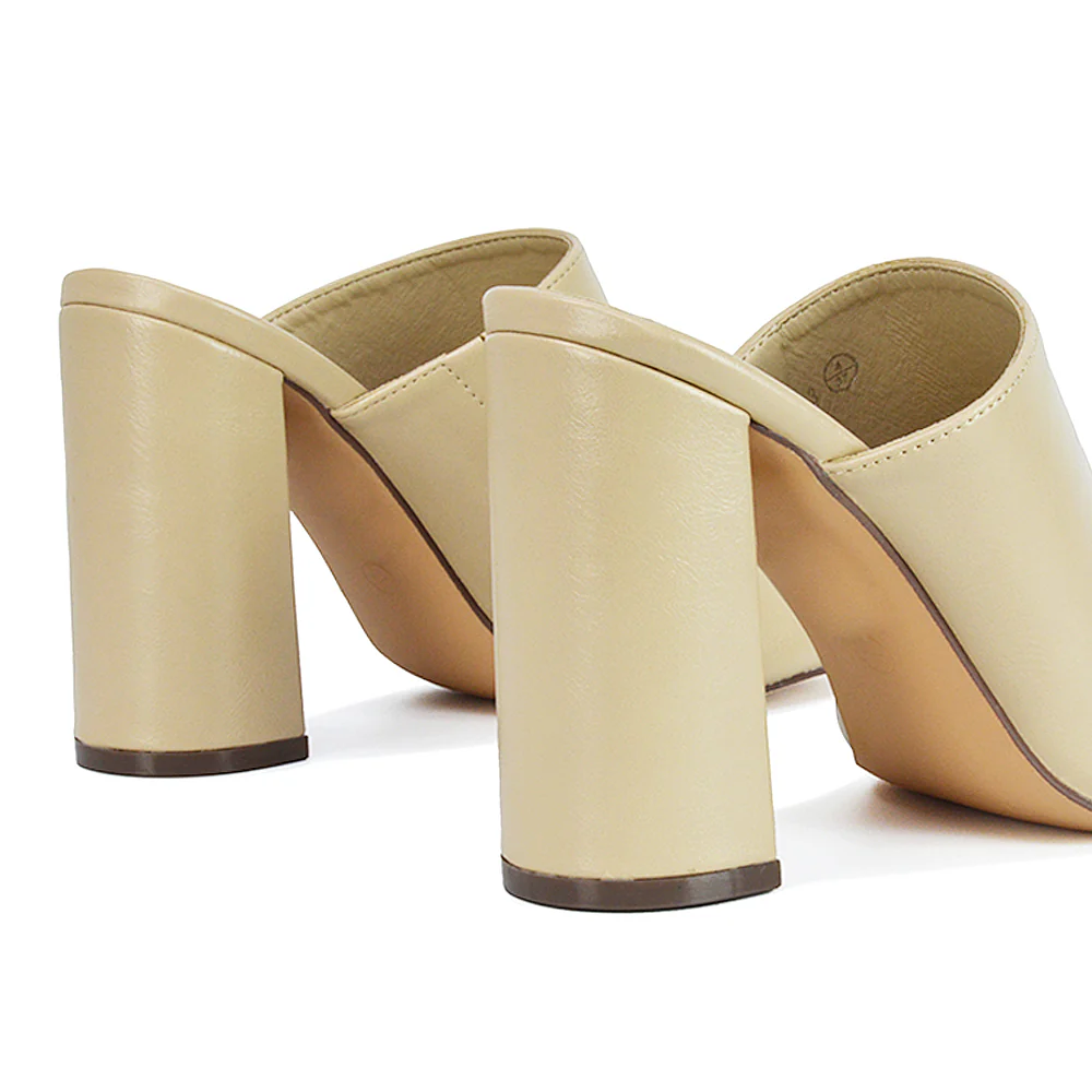 Sunday Square Toe Block High Heel Mule Peep Toe Sandals in White Synthetic Leather - Image 97