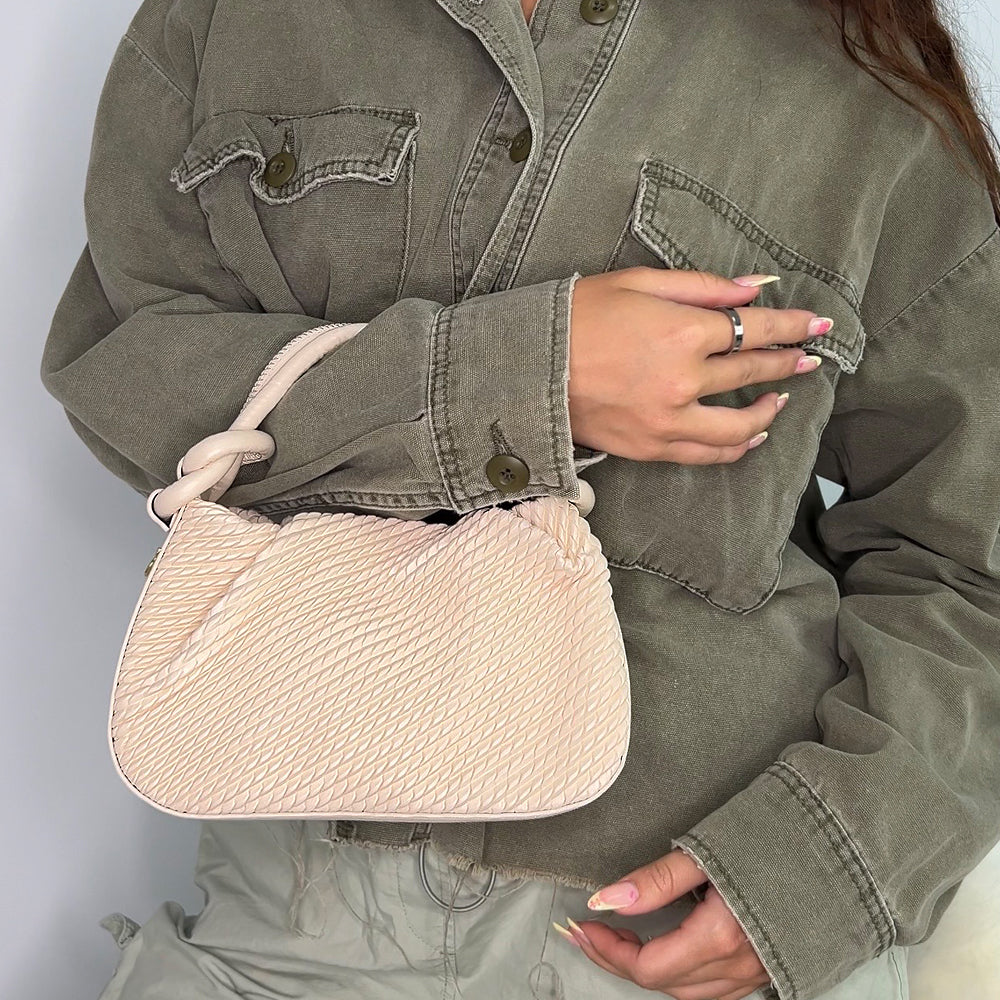 Sunset Woven Mini Bag With Top Handle and Crossbody Strap in Tan - Image 14
