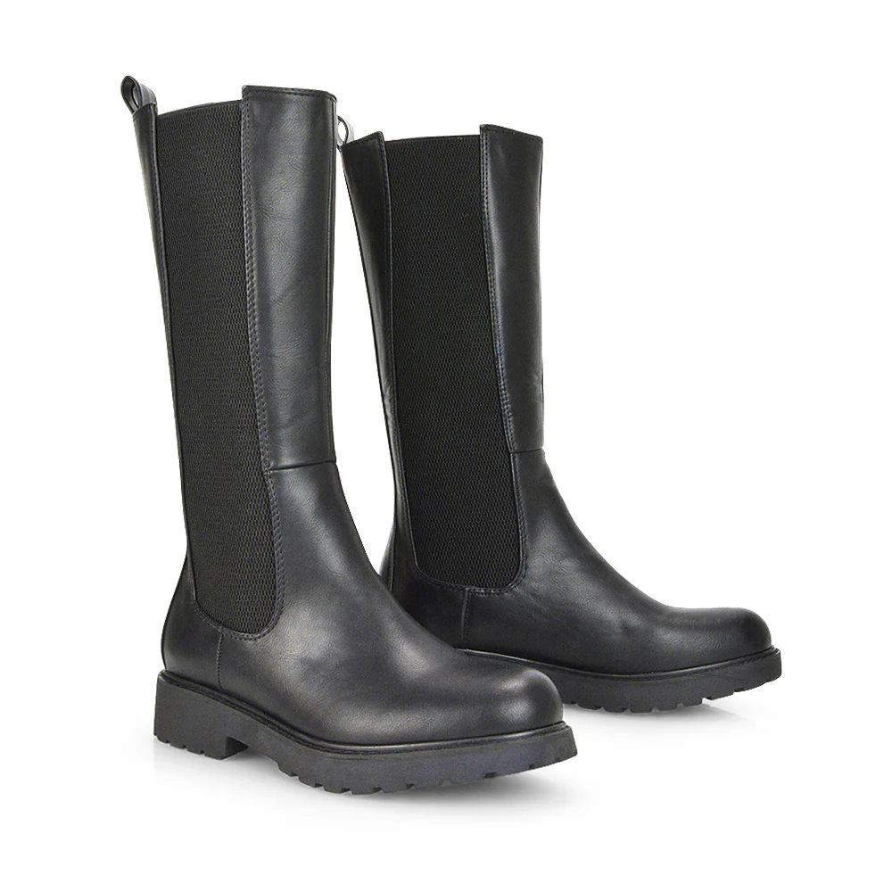Suzie Flat Low Block Heel Slip on below the Knee Biker Boots in Black Patent - Image 16