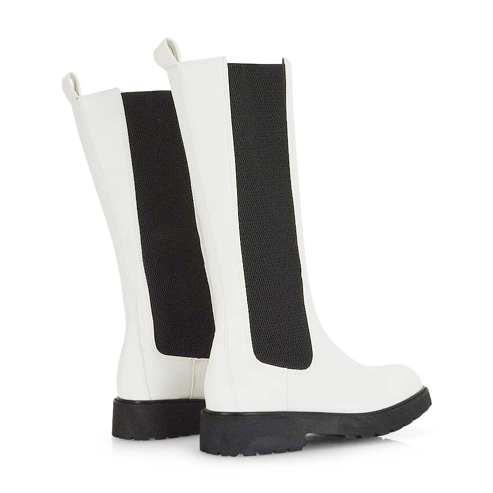 Suzie Flat Low Block Heel Slip on below the Knee Biker Boots in Black Patent - Image 65
