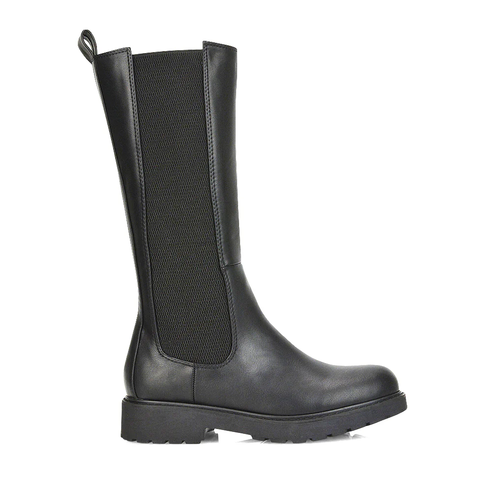 Suzie Flat Low Block Heel Slip on below the Knee Biker Boots in Black PU - Image 2