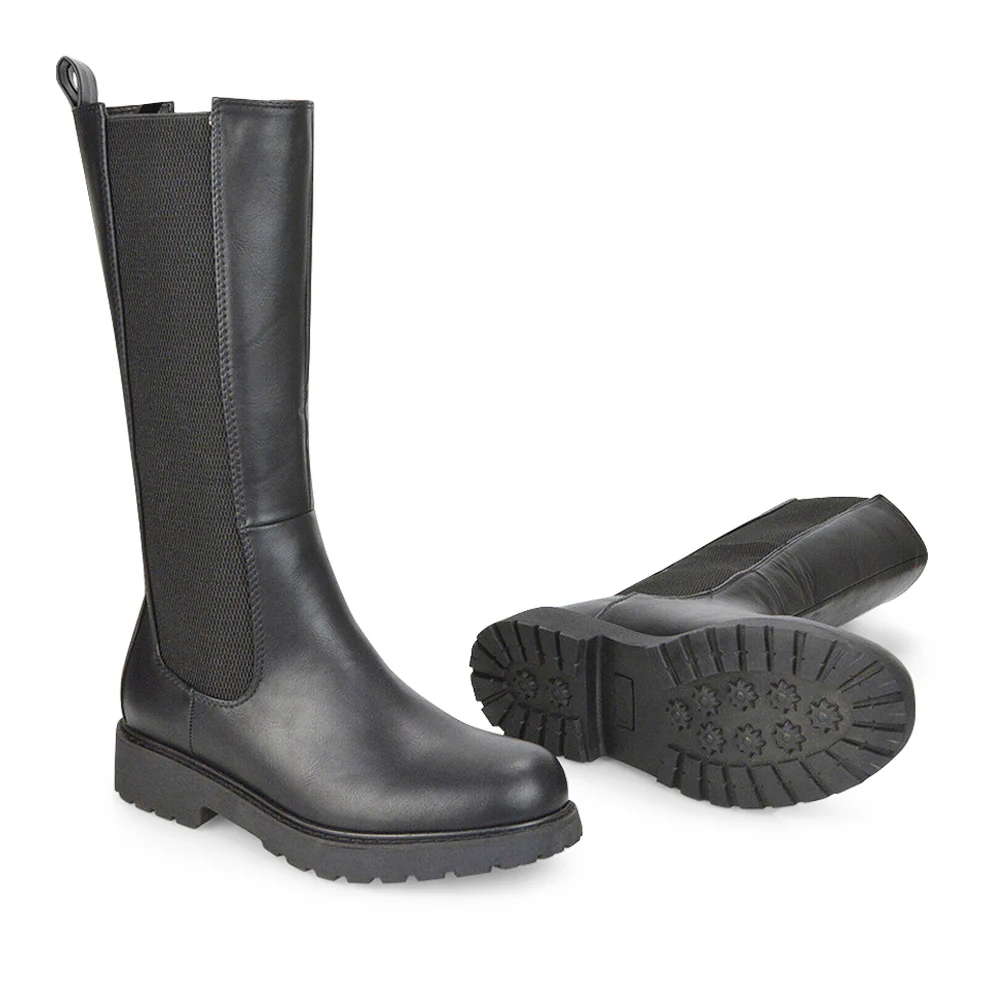 Suzie Flat Low Block Heel Slip on below the Knee Biker Boots in Black PU - Image 29