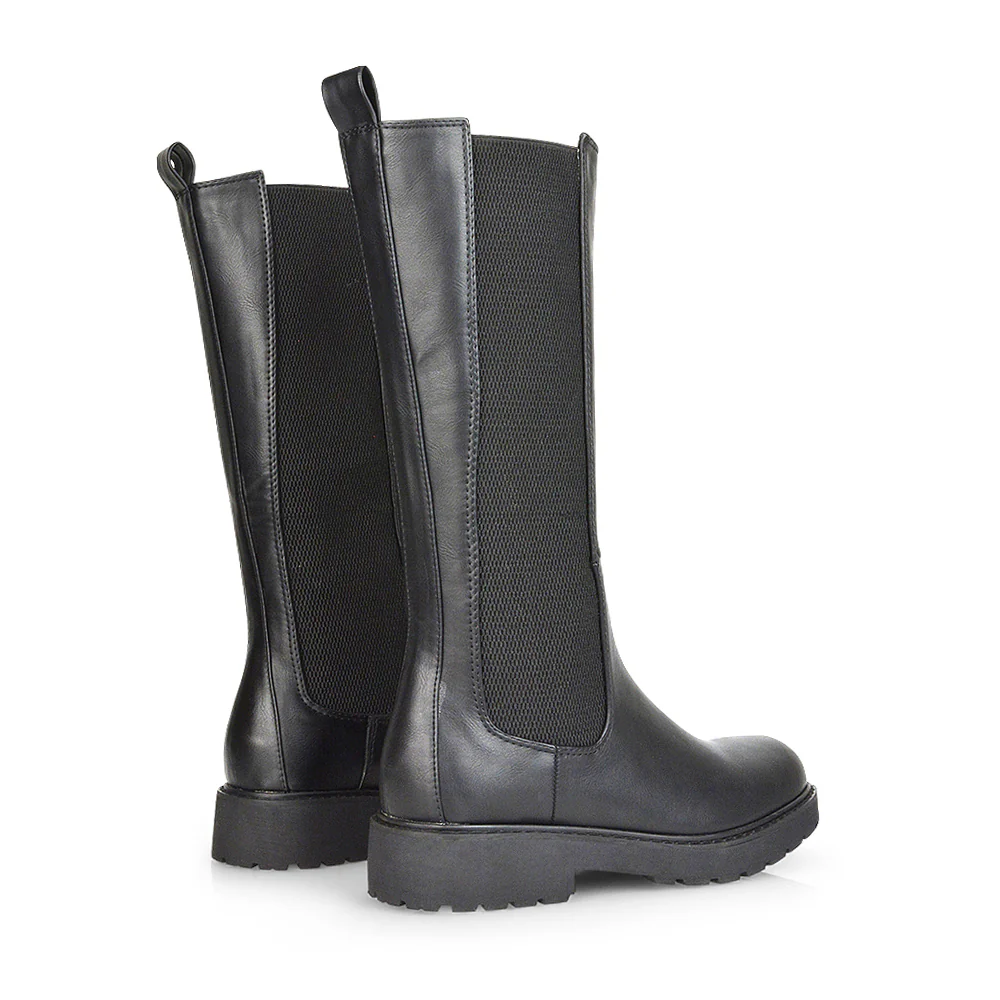 Suzie Flat Low Block Heel Slip on below the Knee Biker Boots in Black PU - Image 35