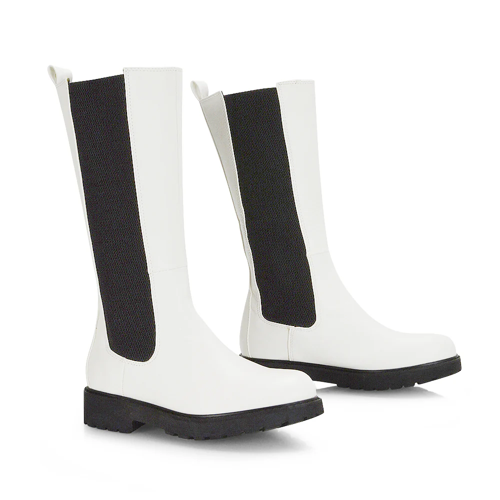 Suzie Flat Low Block Heel Slip on below the Knee Biker Boots in Black PU - Image 41
