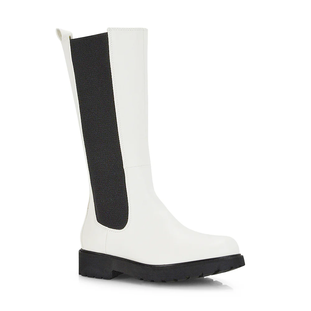 Suzie Flat Low Block Heel Slip on below the Knee Biker Boots in Black PU - Image 42