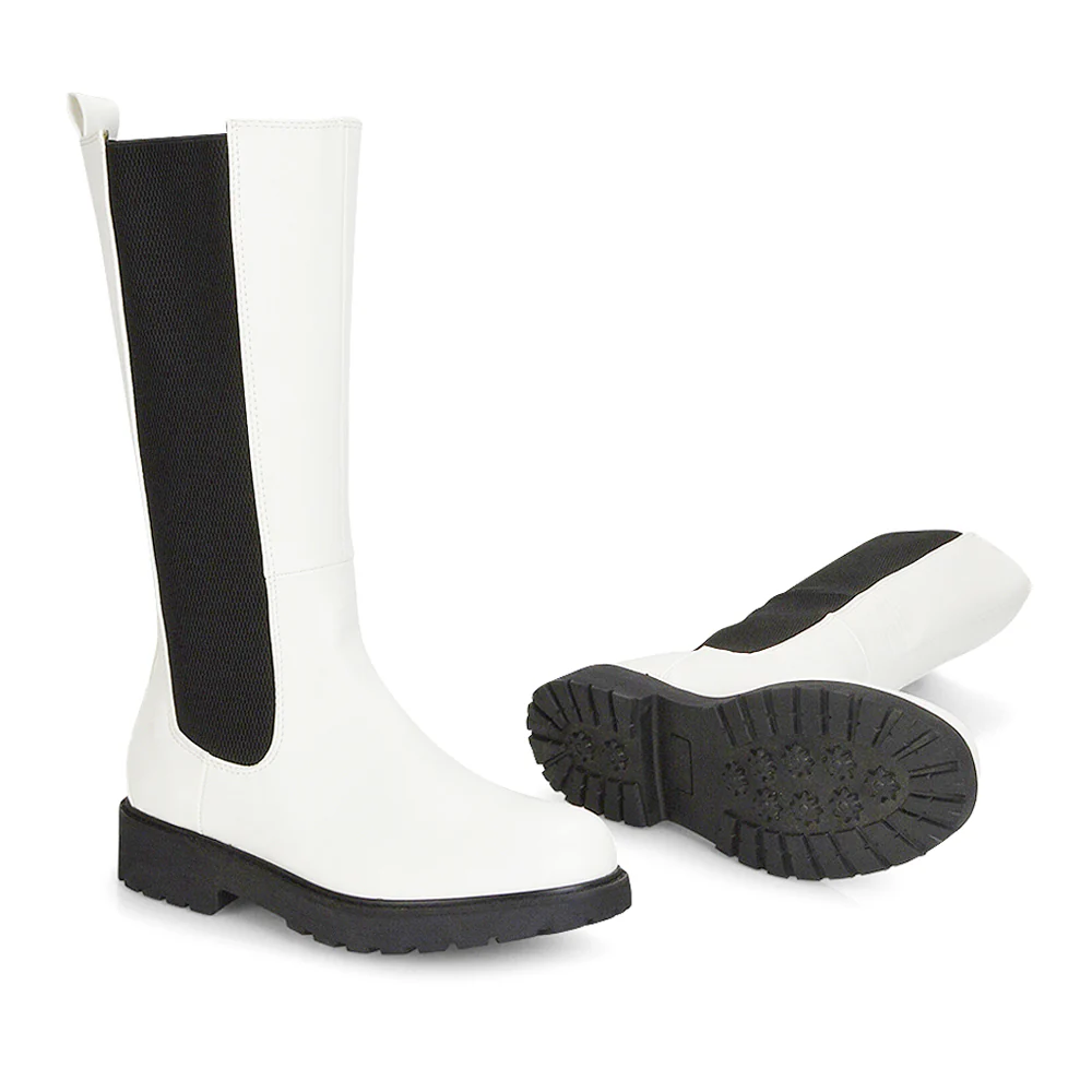 Suzie Flat Low Block Heel Slip on below the Knee Biker Boots in Black PU - Image 59