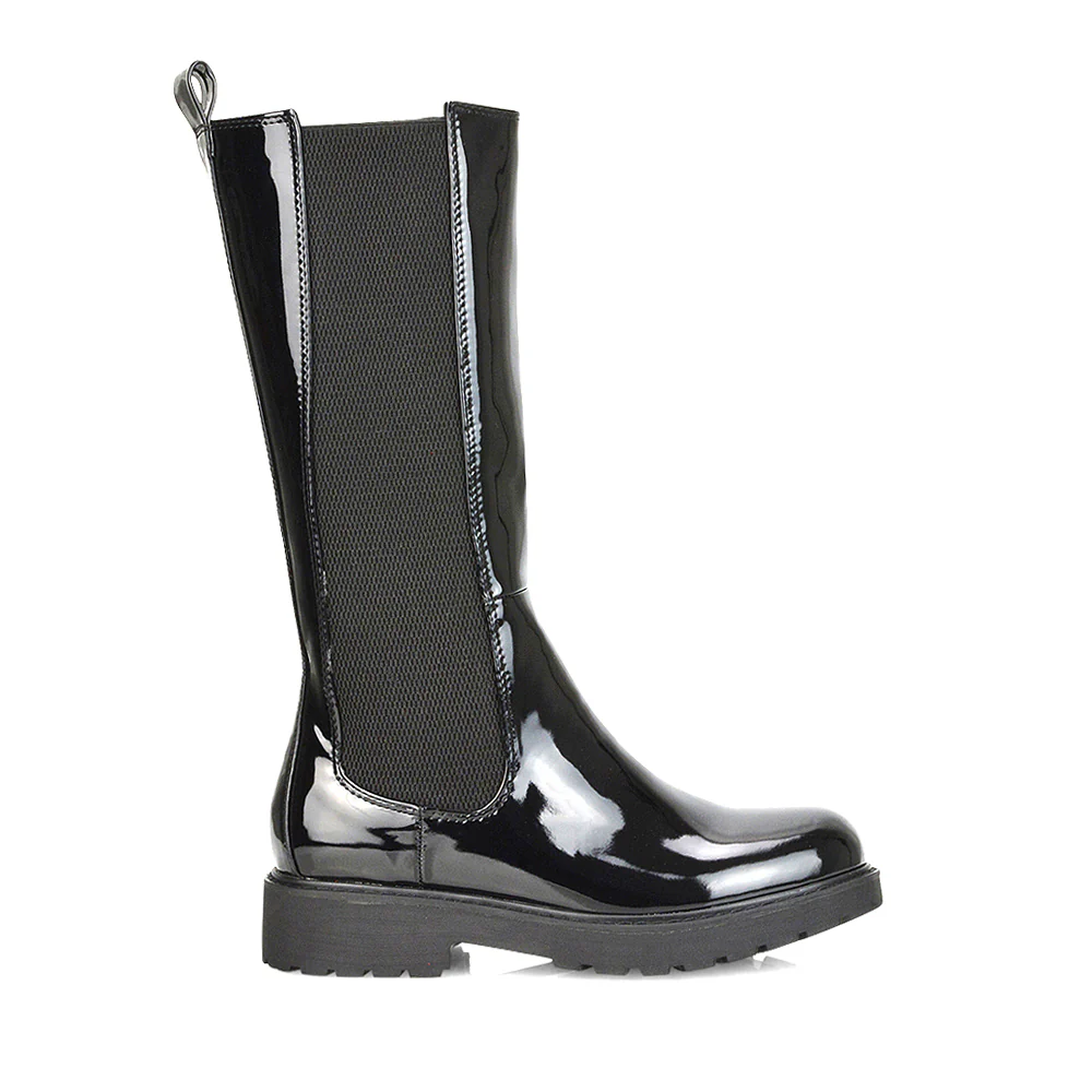 Suzie Flat Low Block Heel Slip on below the Knee Biker Boots in Black PU - Image 73
