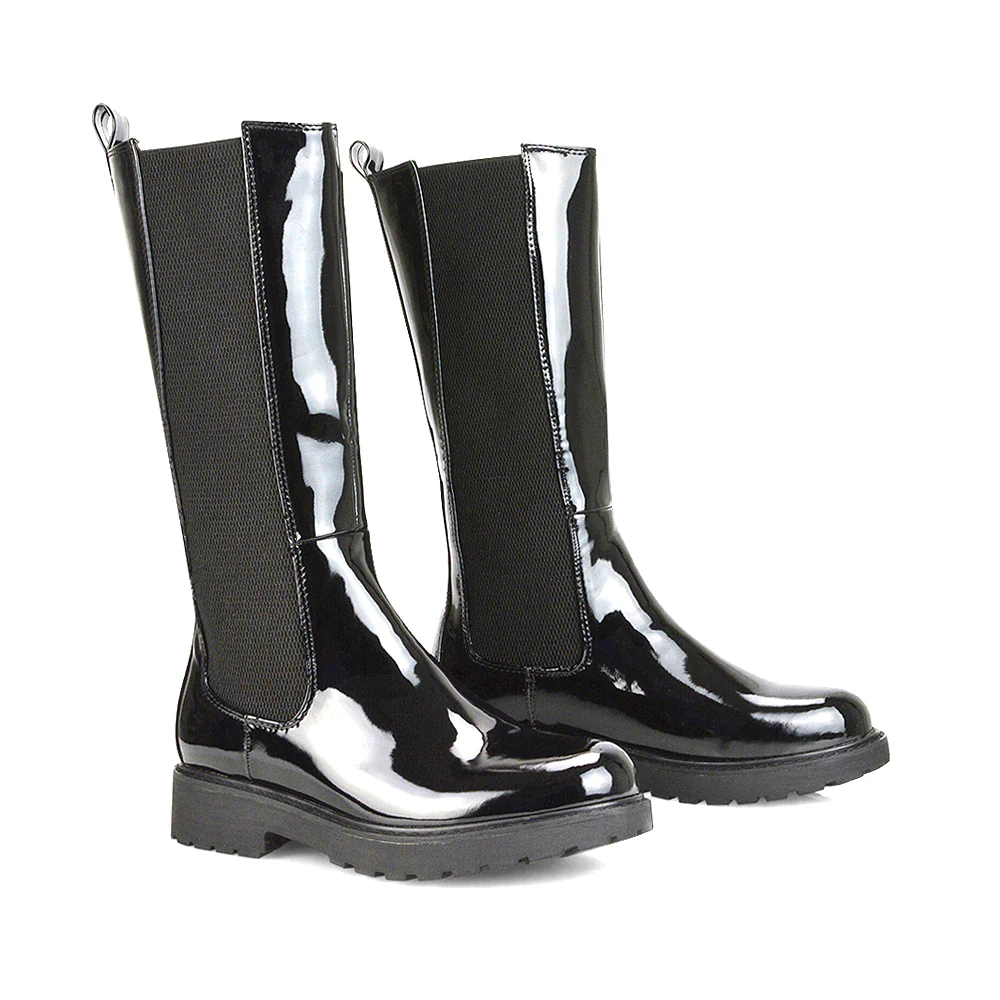 Suzie Flat Low Block Heel Slip on below the Knee Biker Boots in Black PU - Image 76