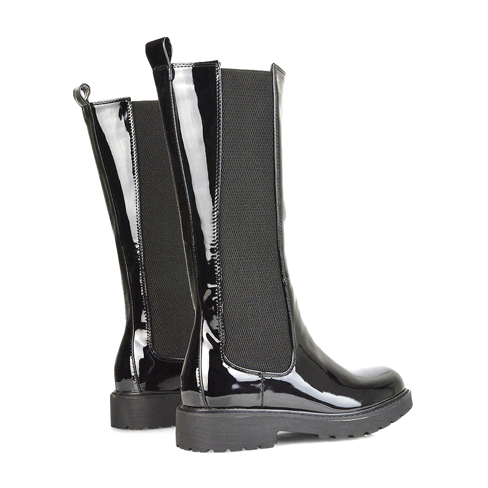 Suzie Flat Low Block Heel Slip on below the Knee Biker Boots in Black PU - Image 80