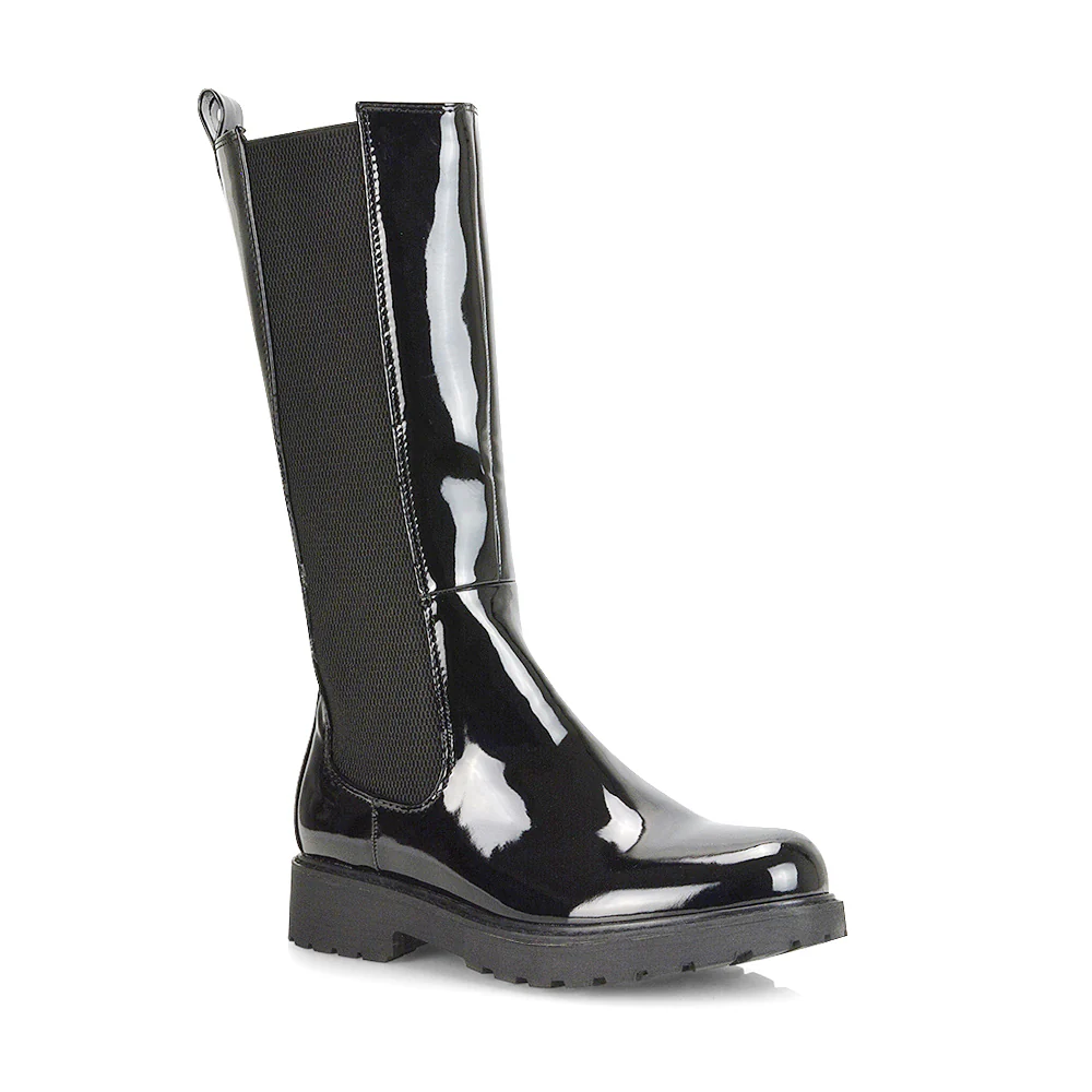 Suzie Flat Low Block Heel Slip on below the Knee Biker Boots in Black PU - Image 87